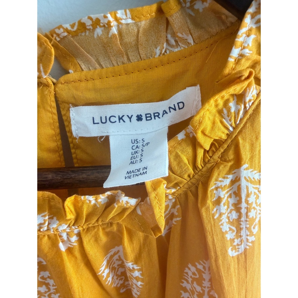 Lucky Mustard Yellow Ruffle Neck Sleeveless Block Print Mini Dress‎ Leaf Size S - Picture 9 of 13